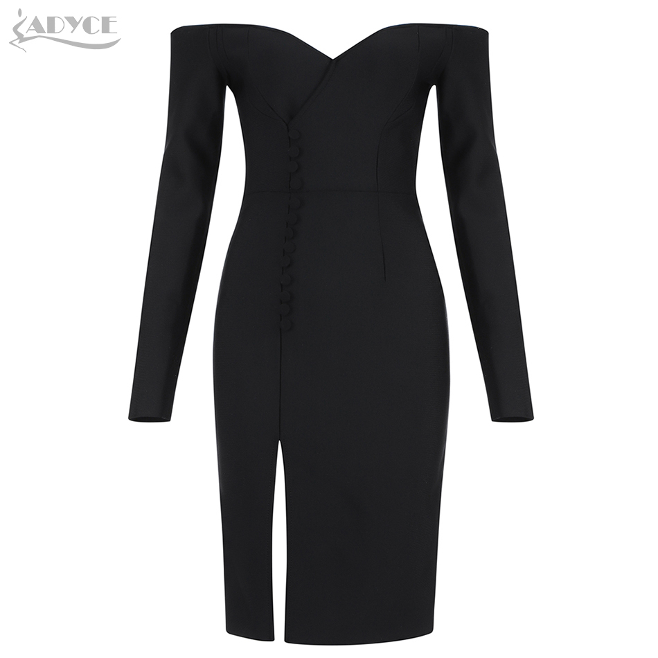 Spring Women Off Shoulder Black Long Sleeve Wrap Bandage Dress Sexy V Neck Midi Club Evening Party Ladies Dresses 210423