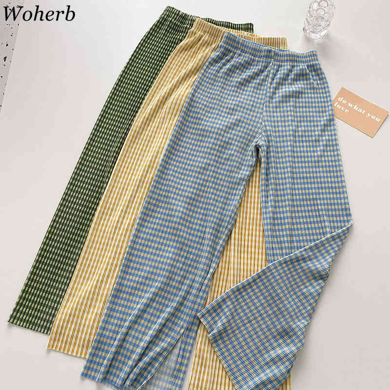 Plaid Casual Trousers Women Summer Korean Loose Elastic High Waist Wide-leg Pants Fashion Split Pleated Sweatpant 210519