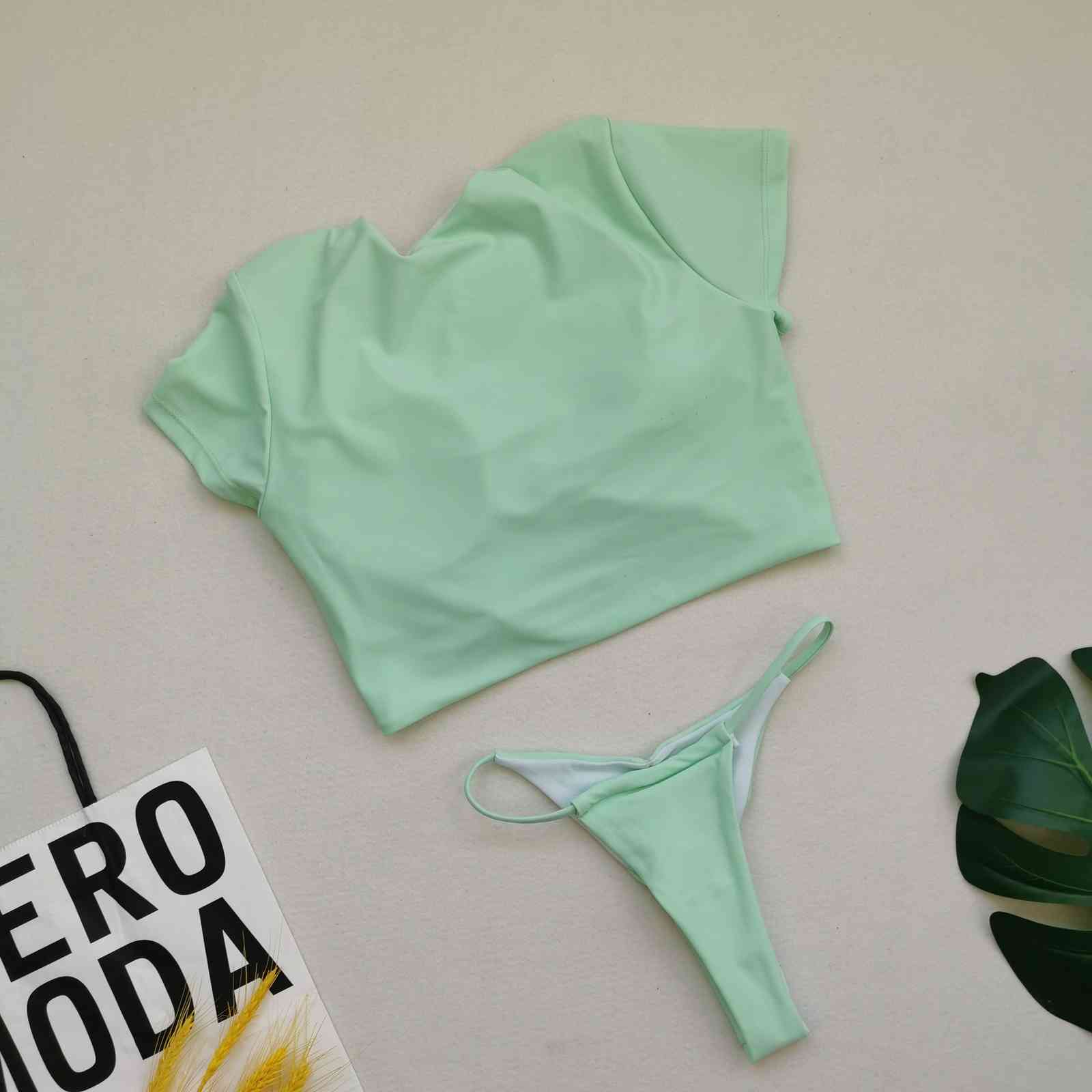 Sexy White Crop Tops Swimwear Women Swimsuit Short Sleeve Mini Bikini Set Bathing Suit Summer Beach Wear Swimming 210520