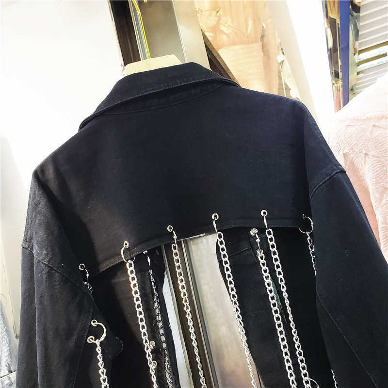 DEAT Women Personality Chain Streetwear Denim Coat Long Sleeve Fashion temperament Spring autumn 11D1999 210709