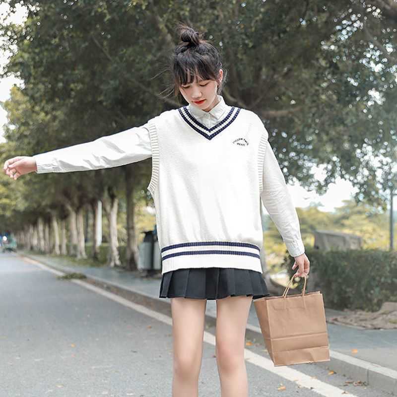 V-neck Black white vest spring autumn elegant pullover female student Korean loose Harajuku Preppy Sleeveless sweaters 210526