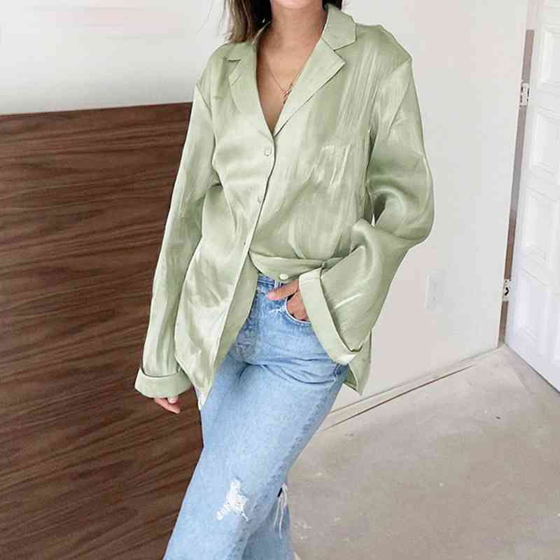 Ladies Fashion Elegant Two-piece Loose Professional Pleated Long-sleeved Shirt Temperament Satin Trousers For Women Arrive 210515