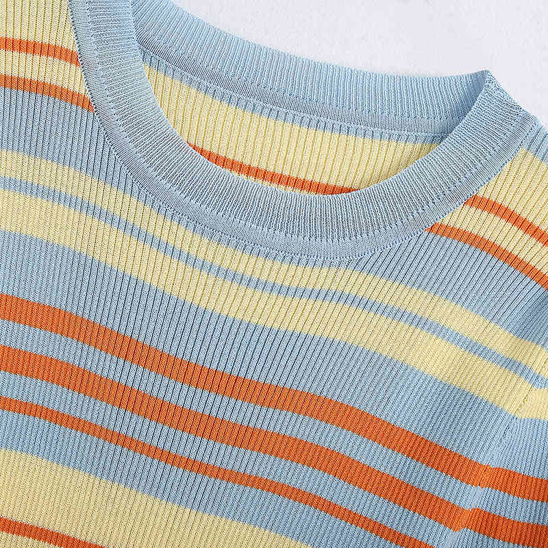 Fashion Multicolor Striped Knitted T Shirt Women Casual O Neck Bodycon Tops Ladies Short Sleeve Summer Tunic Tshirts 210515