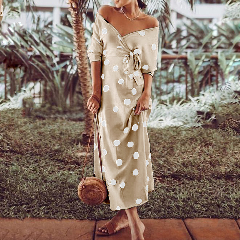 Women Dress Dot Printing Bohemian Long Sleeve Off Shoulder Maxi es Lace Up High Waist Slim es Summer 210513