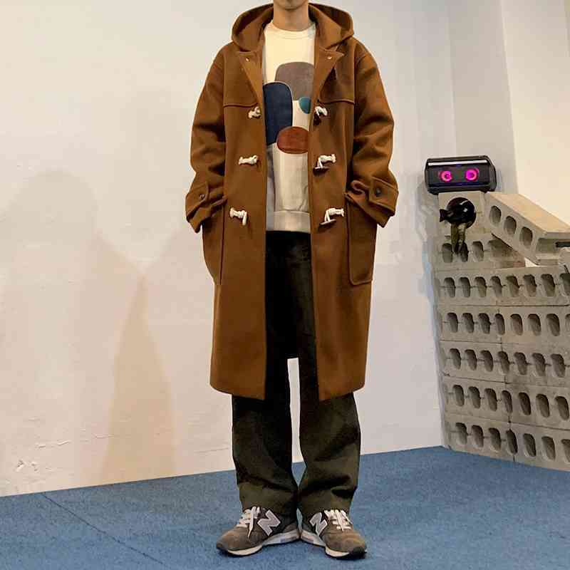 IEFB Woolen Coat Men's Korean Fashion Over The Knee Mid Long Loose Hooded Oversized Horn Button Autumn Winter Clothes 9Y4793 210524