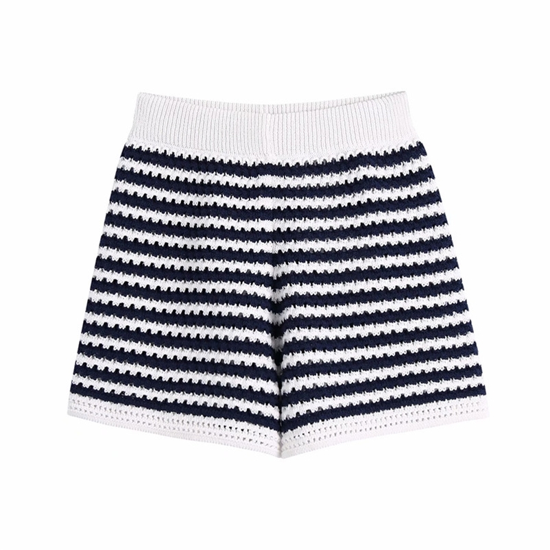 Casual Women High Waist Shorts Summer Fashion Ladies England Style Female Striped Knit Straight-leg 210515