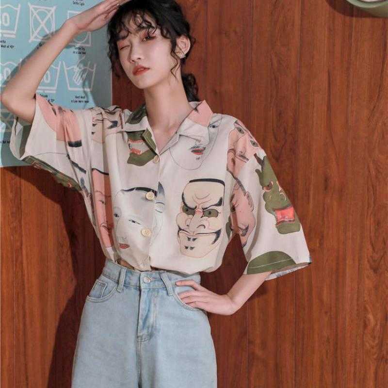 Yedinas Japanese Streetwear Ukiyoe Print Summer Blouse Women Collared Button Up Shirt Short Sleeve Top And Clothing 210527