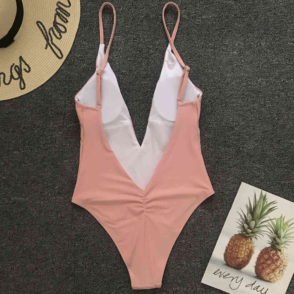 Sexy Deep V Neck Swimsuit Solid Color Swimwear Women Bodysuit Backless Monokini Bather Bathing Suit Beachwear 210521