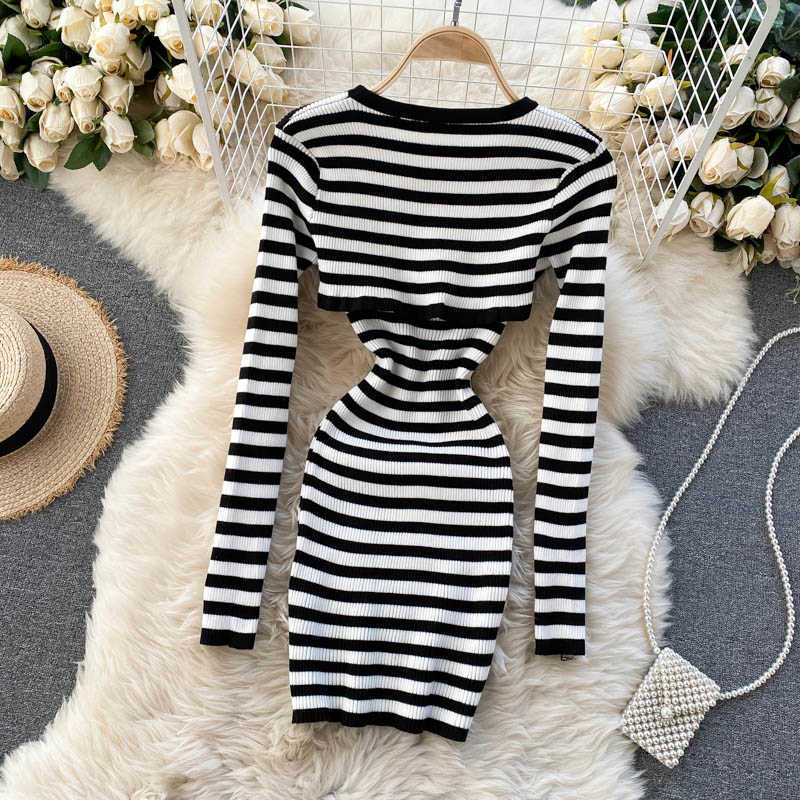 Foamlina Striped 2 Piece Set Women Fashion Streetwear Long Sleeve Knit Pullover Crop Top + Spaghetti Strap Bodycon Dress Suits 210708