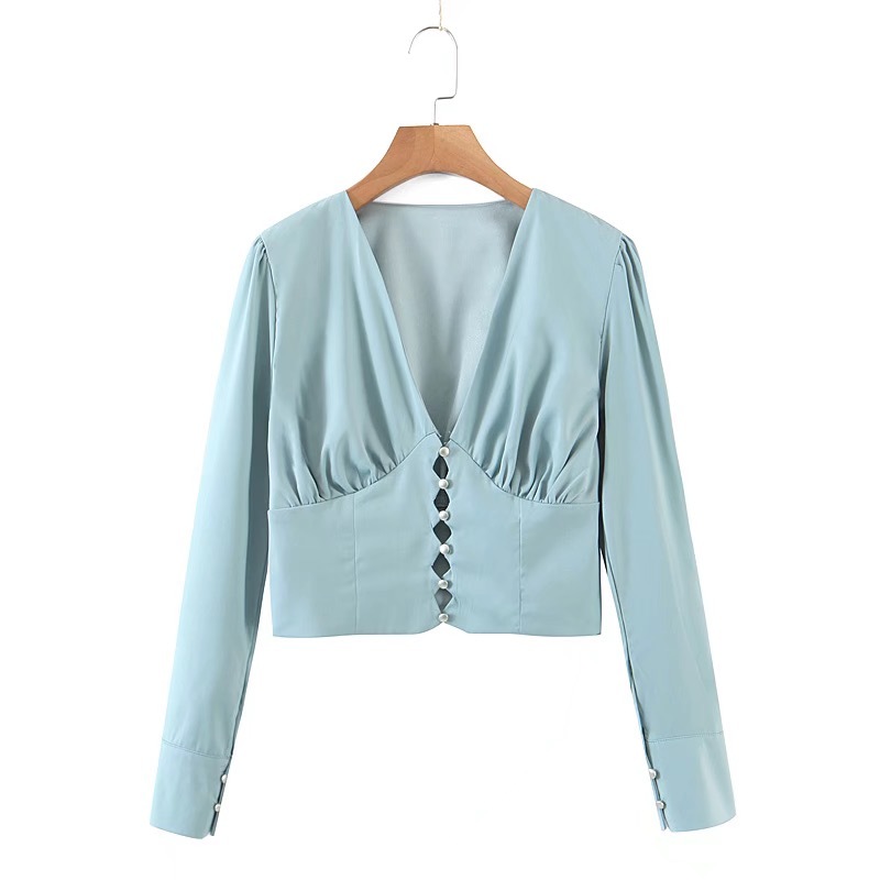 Retro French Style Pleated Ruched Shirt Single-breasted Hollow Out Buttons Slim Waist Short Women Blouse Puff Sleeve Tops 210429