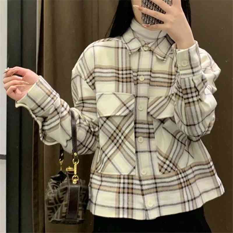 Elegant Women Plaid Tweed Shirts Fashion Ladies Loose Pocket Tops Streetwear Female Chic Turn Down Collar Shirt 210430