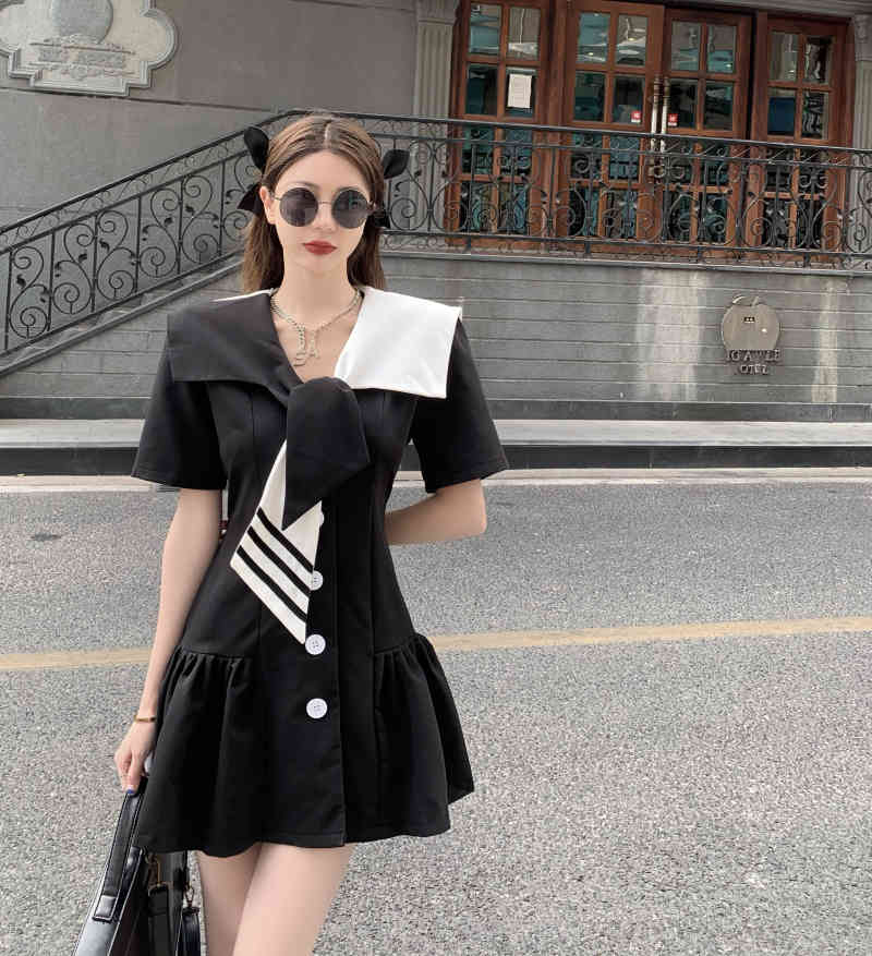 Summer Dress Women Navy Collar Short Sleeve Cute Preppy Style Dresses Fashion Sweet Ruched Mini Dress 210518
