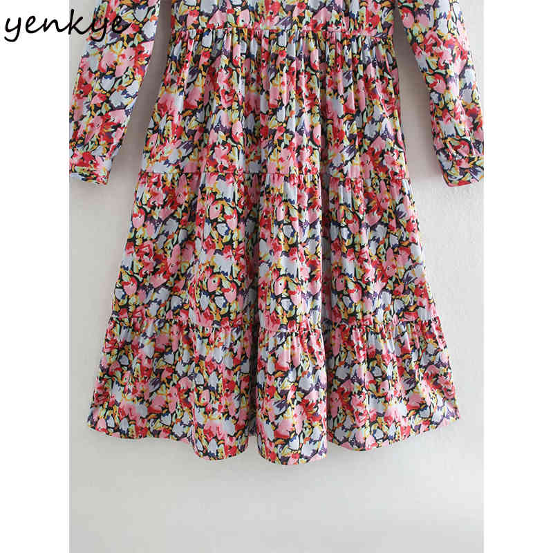 YENKYE Multicolor Floral Print Dress Women O Neck Long Sleeve Pleated Casual Dress Female Midi Vestido Plus Size 210515