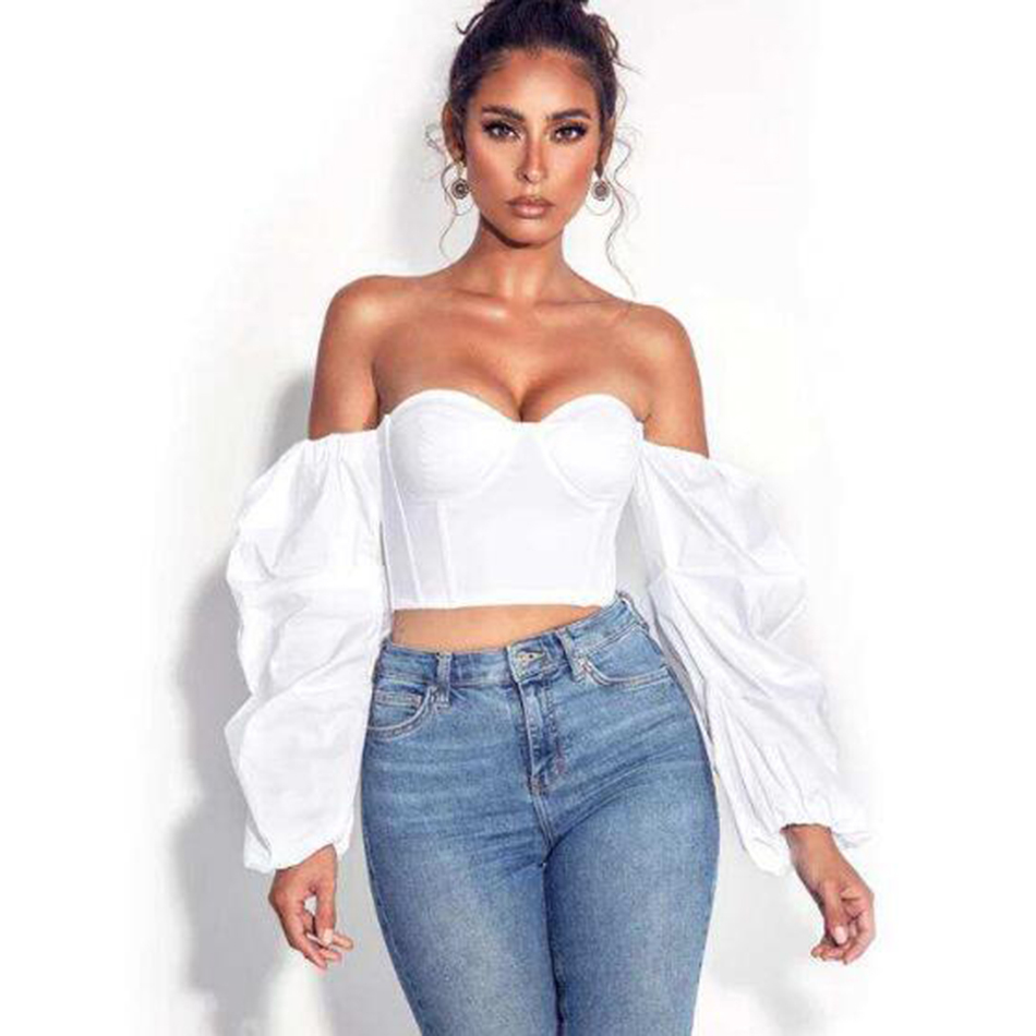 Free Women's Summer White Crop Top Sexy Wrapped Chest Shoulder Lantern Long Sleeve Bodycon Club Party 210524