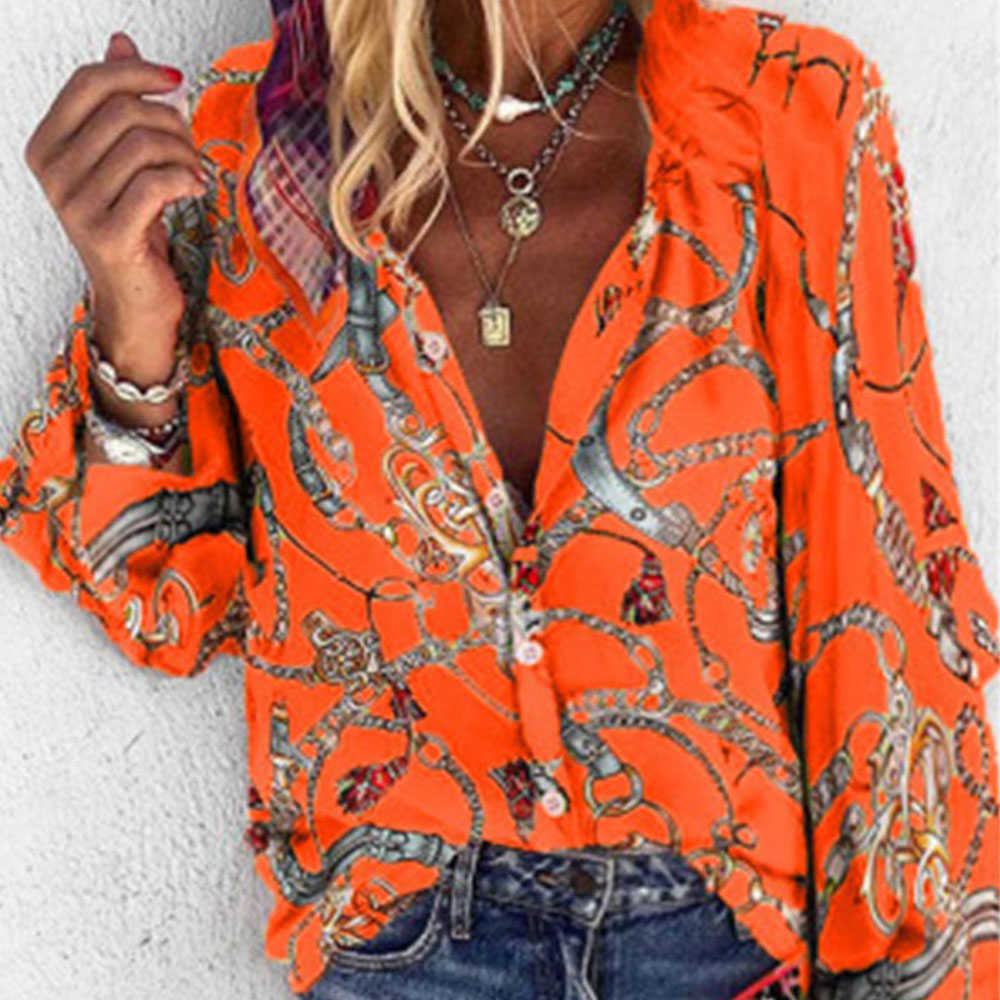 Casual Spring Summer Long Sleeve Blouse Women Vintage Chain Print Loose Shirts Plus Size 5XL Tops Single-breasted Tunic 210619