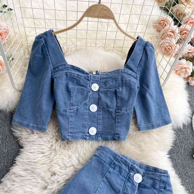 DEAT Women Square Collar Open Navel Versatile Shirt High Waist A-line Shorts Two Piece Set Fashion Spring Summer 11B358 210709