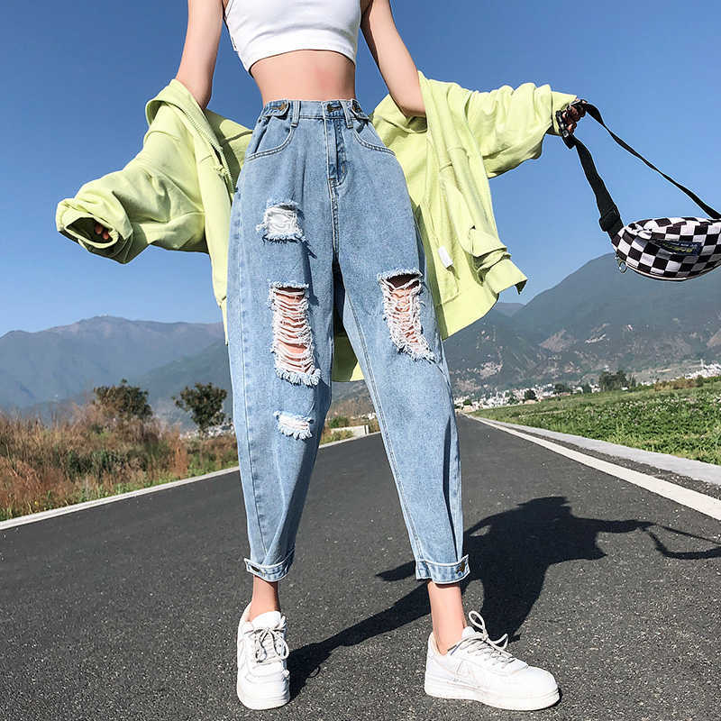 Korea Fashion Vintage Ripped Boyfriend Jeans For Women High Waist Blue Plus Size 4XL 5XL Pantalones 210922