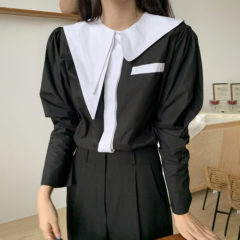Women Spring Autumn Blouses Asymmetrical Turn-down Collar Tops Female Contrast Color Korean Chic Office Lady Casual Shirt 210519