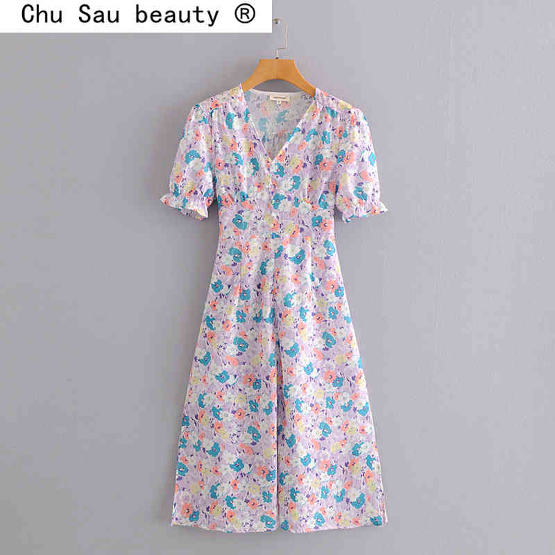 beauty French Fashion Casual Floral Print Midi Dress Women Holiday Chic Single-breasted Bow Tie Summer Dresses 210514