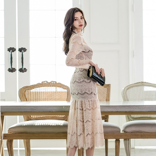 Sexy Elegant Lace Bodycon Dress Spring Hollow Out Ruffles Mermaid Dresses Special Occasion Party Vestidos 210519