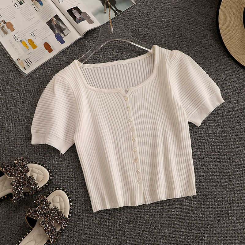 DEAT Women White Round Neck Puff Sleeve Top Split Long Pants Two Piece Set Fashion Temperament Spring Summer 11D778 210709