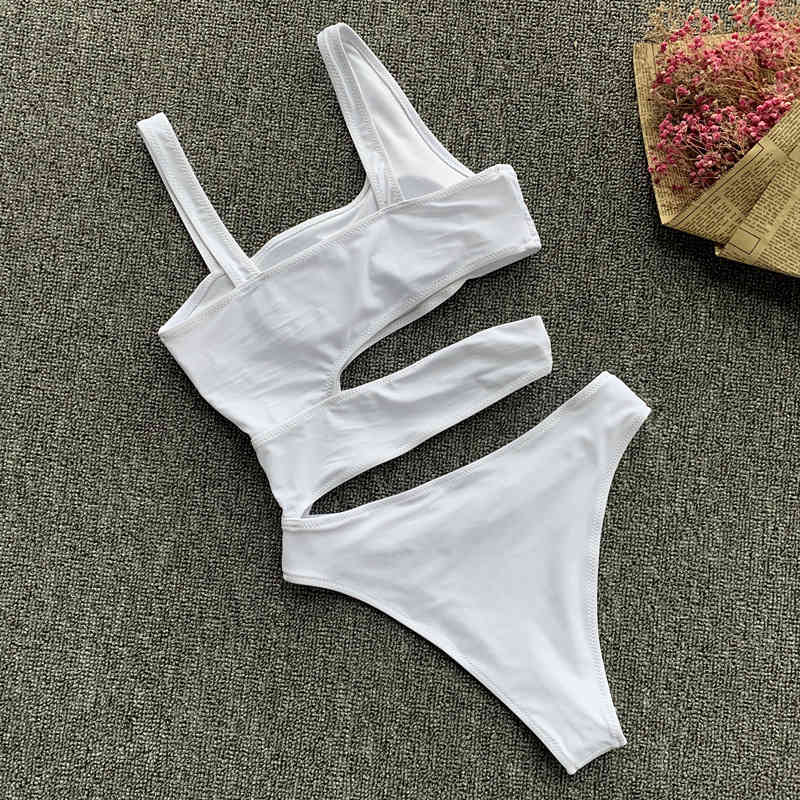 White One Piece Swimsuit Sexy Trikini Swimwear Women Cut Out Monokini Push Up Bathsuit Bandage Bathing Suit Maillot De Bain 210323