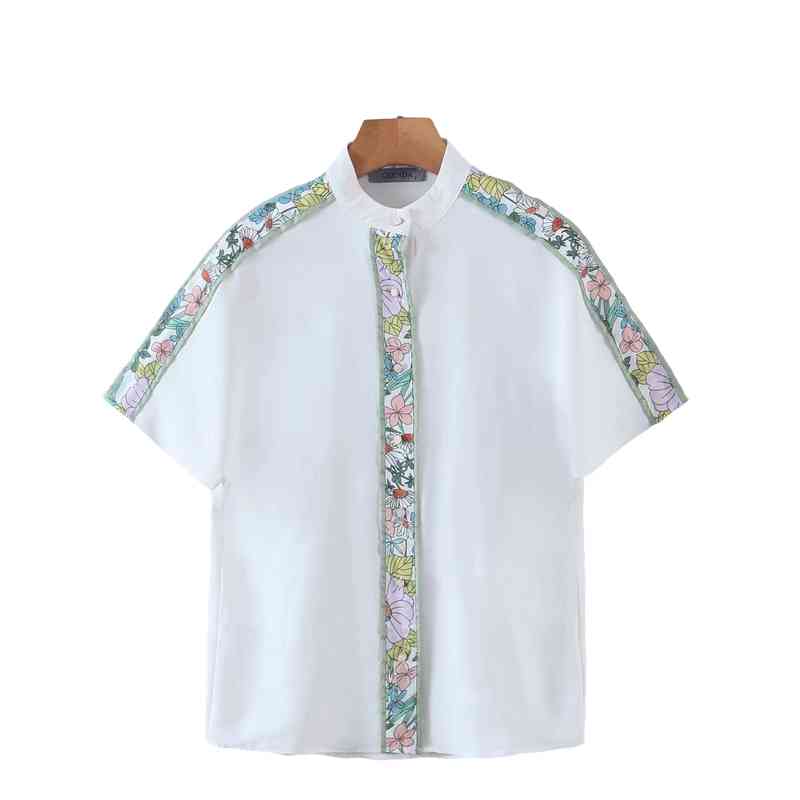 Sweet Women Floral Print Striped Shirts Fashion Ladies O-Neck Chiffon Tops Elegant Female Chic Patchwork Blouses 210430