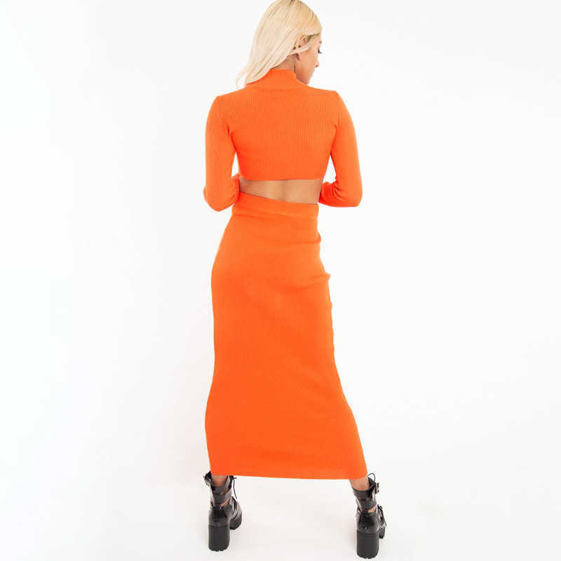 Colysmo Neon Ribbed Knitted Sexy 2 Piece Set Women Turtleneck Long Sleeve Crop Top Midi Skirt Club Outfits Festival Clothing 210527