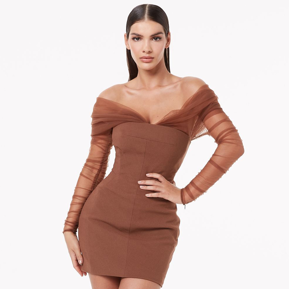 Winter Women Fashion Off Shoulder Lace Long Sleeve Mini Dress Sexy Mesh Club Celebrity Evening Runway Party 210423