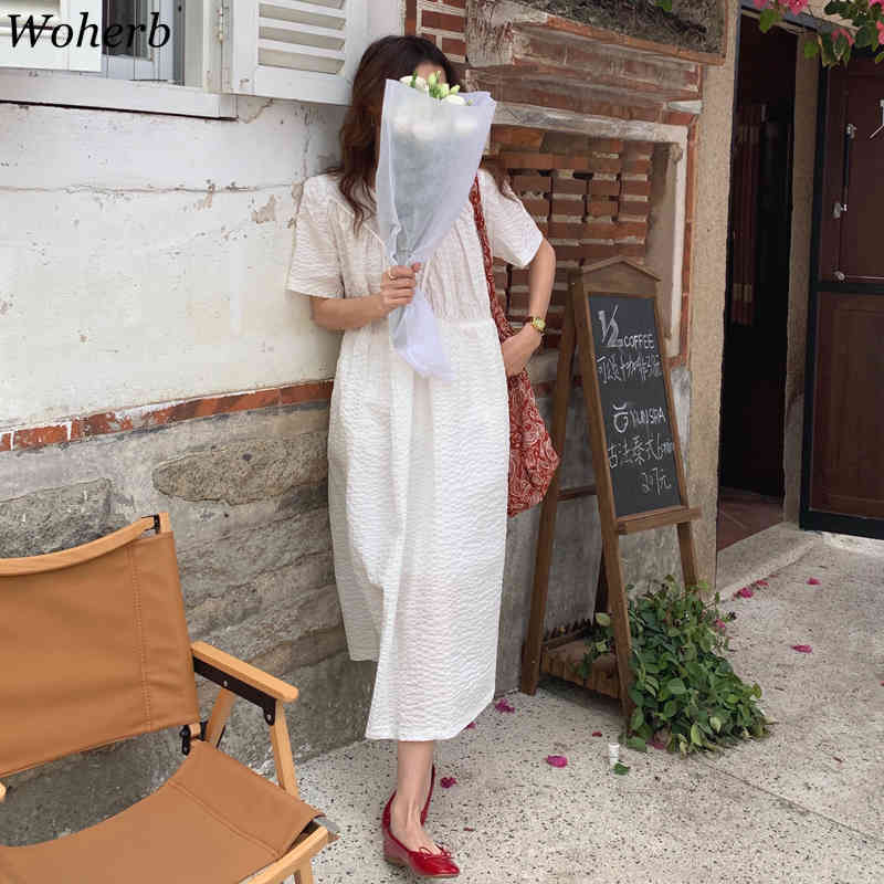 Summer Pleated Maxi Dress for Women Korean Robe O Neck Loose Vestidos Mujer Short Sleeve Elegant Temperament Dresses 210519
