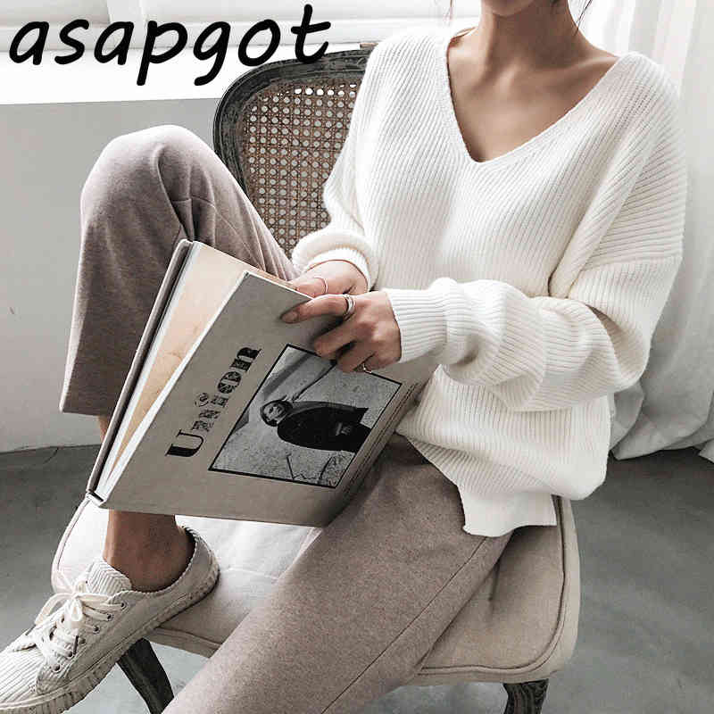 Sweaters&Jumpers Minimalism Temperament Simple V Neck Loose Chic Irregular Hem Solid Color Sweater Pullovers White Knitted Tops 210429