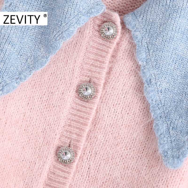 Zevity Women Fashion Color Matching Blue Collar Patchwork Pink Knitting Sweater Femme Chic Diamond Button Cardigan Tops S430 210603