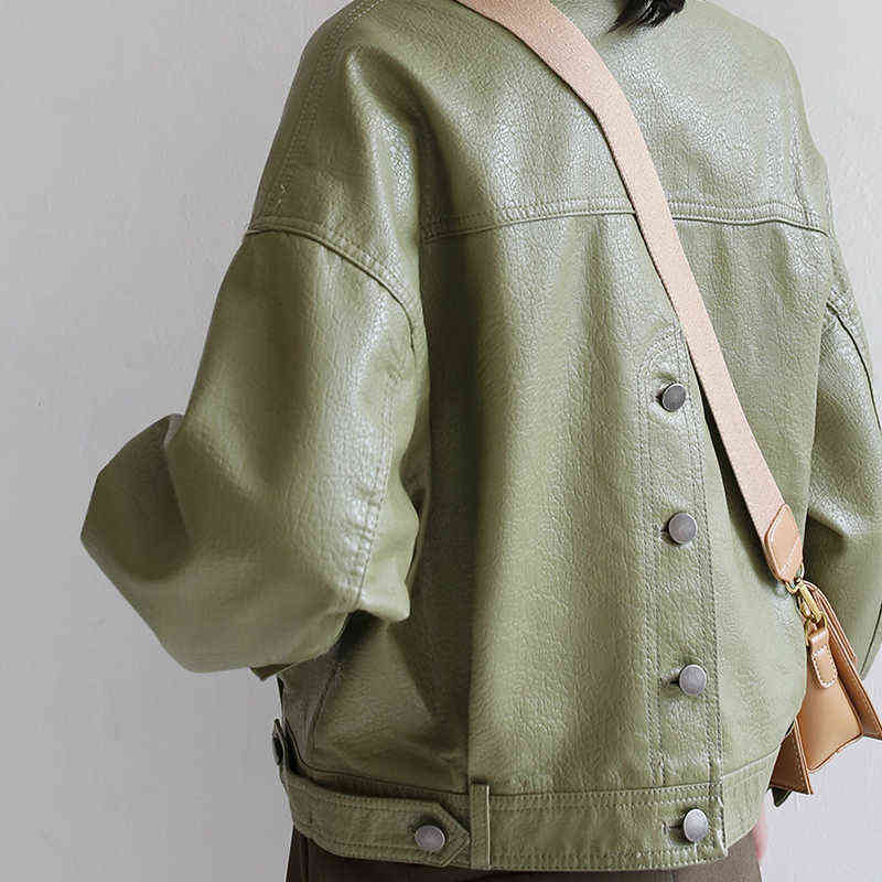 Fitaylor Loose Pu Leather Batwing Sleeve Vintage Leather Jacket Street Casual Outwear Ladies Biker Leather Coat Multicolor 211130