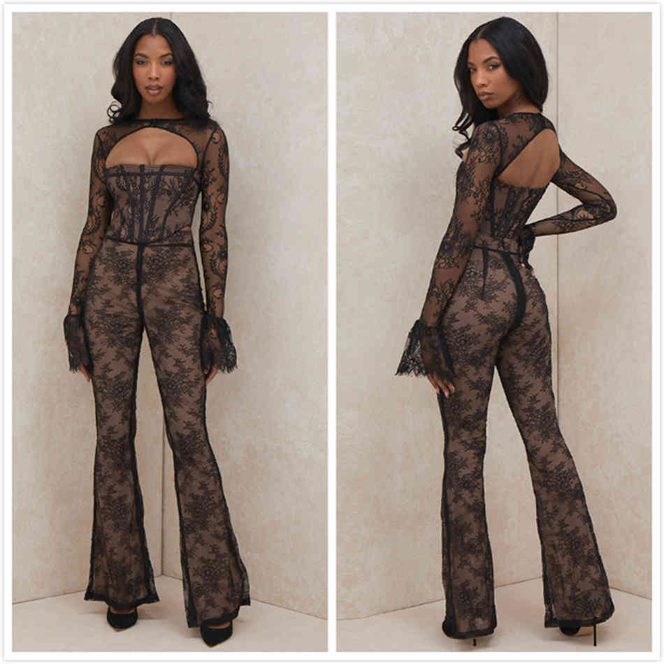 Free Women's Lace Patchwork Bandage Pants Set Sexy Hollow Backless Tights & Flared Party Two-piece 210524