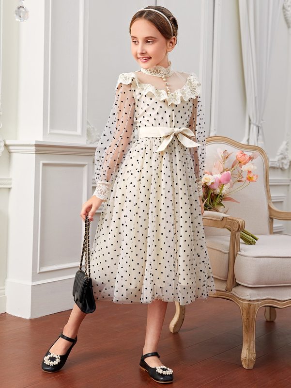 Girls Dobby Mesh Lace Ruffle Trim Belted Dress SHE