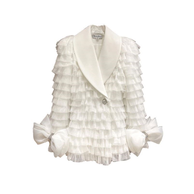 Spring Autumn Fashion design womens turn down collar white layered gauze medium long big bow rhinestone patched sleeve blazer suit coat SMLXL