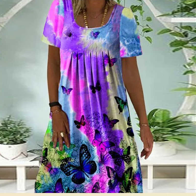 Women's Summer Autumn Short Sleeve Round Neck Pleated Printed All-Match Dress Women Fashion Casual Loose Dress 210630
