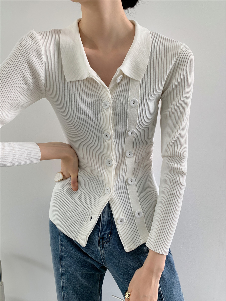 White Cardigan Sweater Women Double Breasted Bodycon Knitted With Collar Knitwear Knit Top Autumn Winter 210427