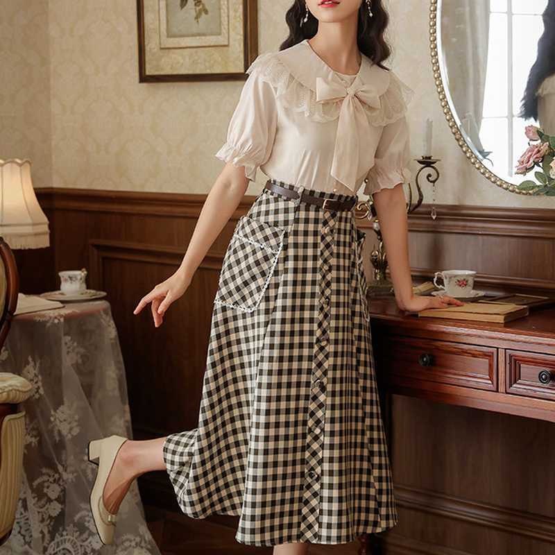 Sweet Fresh Bow Decoration Blouses for Women Summer Peter Pan Collar Patchwork Shirts Elegant All-match Woman Tops 210525