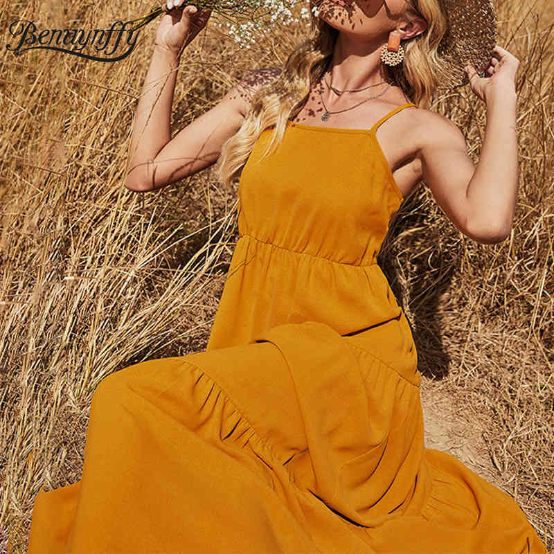 Womens Summer Cami Smock Dress Loose Adjustable Spaghetti Strap Sleeveless Female Solid Casual Maxi Long 210510