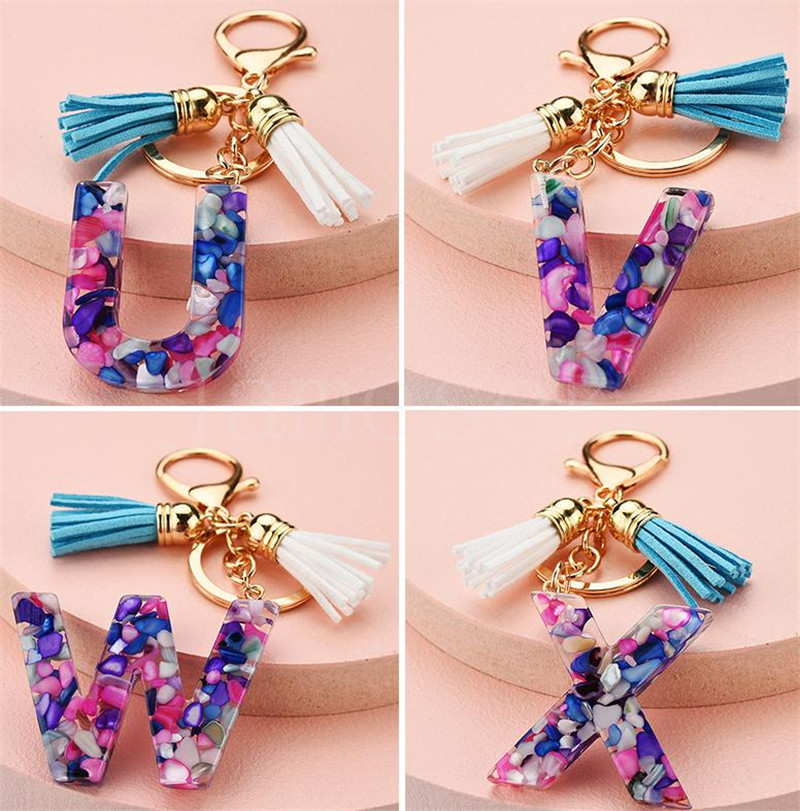 26 English Alphabet Keychain Beautiful Fashionable Transparent Acrylic Crystal Tassel Pendant Bag Christmas Gift DB576