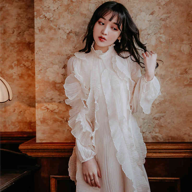 Comelsexy Women Spring /fall Elegant Long Sleeve White Pleated Ruffle Maxi Long Dress High-end Runway Dress Vestidos 210515