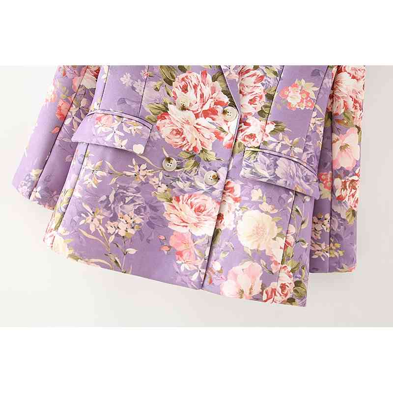 elegant women chrysanthemum printing purple blazer fashion ladies pocket jackets casual female chic slim suits 210527