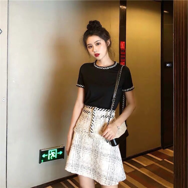 Fashion Runway Summer Tweed Plaid Skirts Suits Elegant White Cotton T-shirt Ladies 2 Two Pieces Set 210520