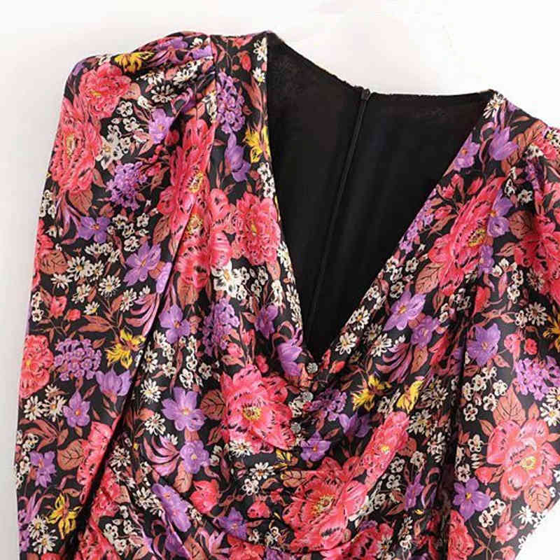 Lady Floral Print Sexy Bodycon Mini Dress Deep V Neck Puff Sleeve Chic Dresses Pleated Button Streetwear Sundresses Ropa Mujer 210515
