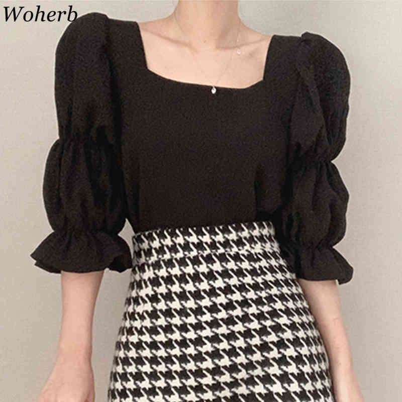 Korean Tops Mujer Chic Square Collar Puff Short Sleeve Pleated Blouse Chiffon Shirts Summer Clothes Fashion White Blusas 210519