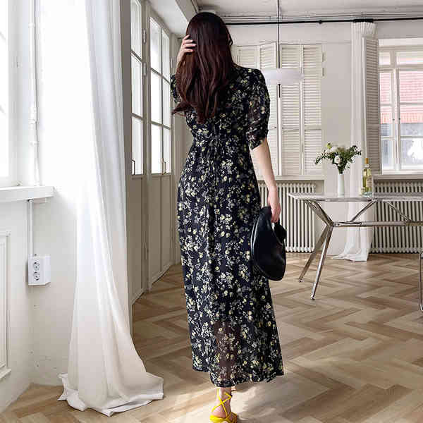 Korean Chic Retro Boho Dress Summer Sweet Floral Print Women's Ruched V-Neck Chiffon Long Dresses Vestidos 210519