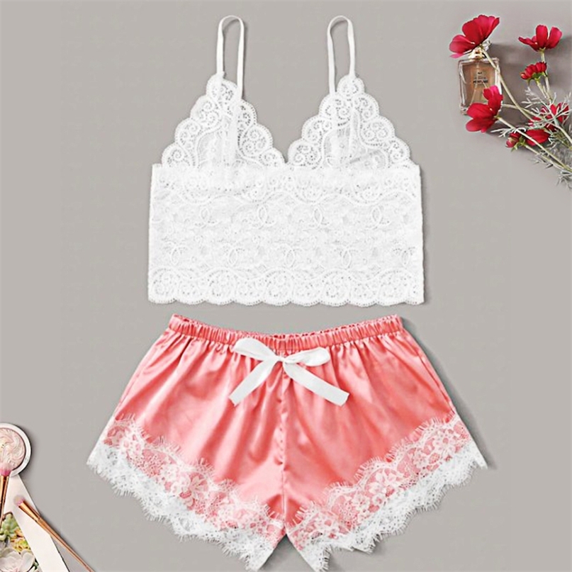 Women Sexy Temptation Lace Pajamas Set V-collar Pijamas Set Summer Women's Sleepwear Sexy Cute Top And Shorts 210924
