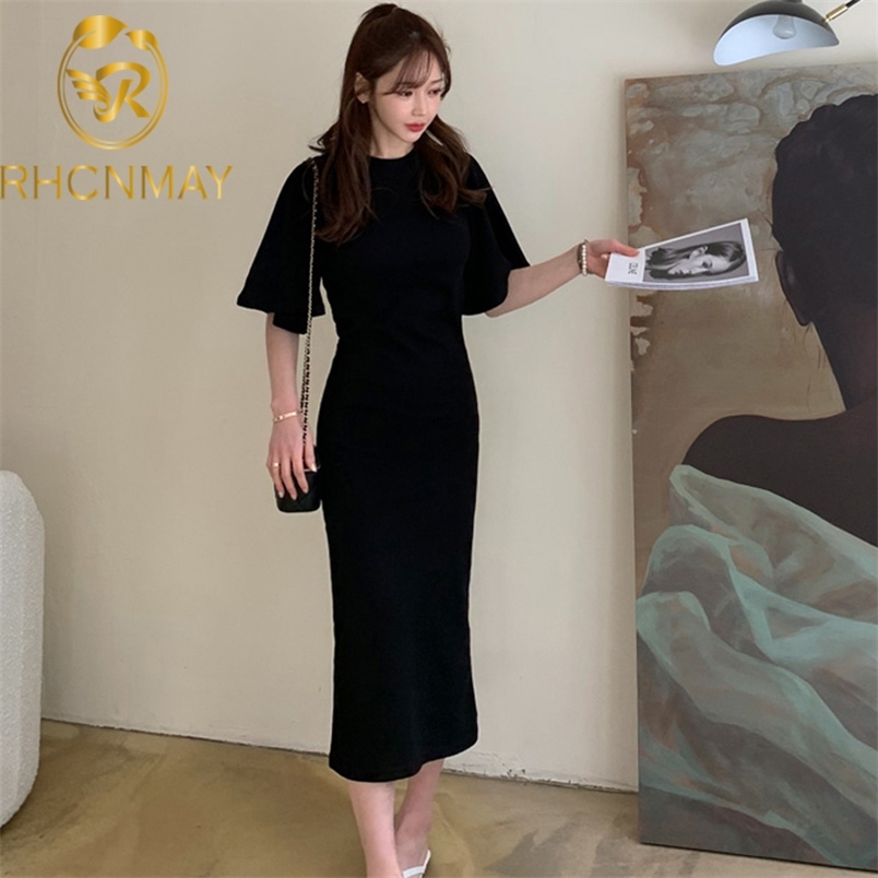 Elegant O Neck Pullover Flare Sleeve Knitted Dress Women High Waist Solid Vestidos Summer Slim Robe Temperament Dres 210506