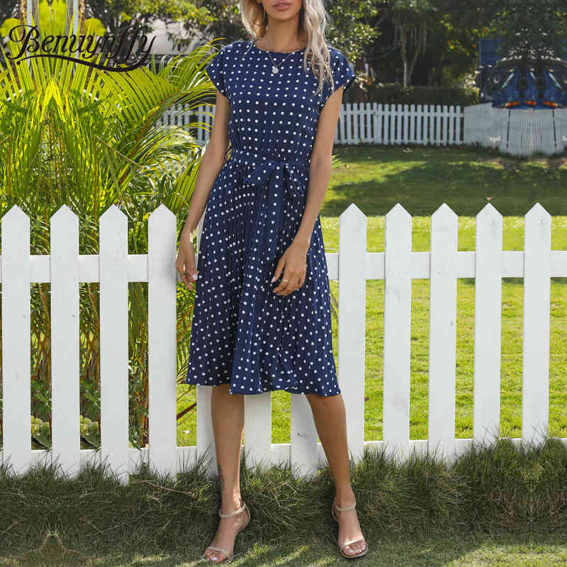 O-Neck Polka Dot Summer Dresses Cap Sleeve Women Knee Length Shirred Elegant Office Lady Belted A-Line Dress 210510
